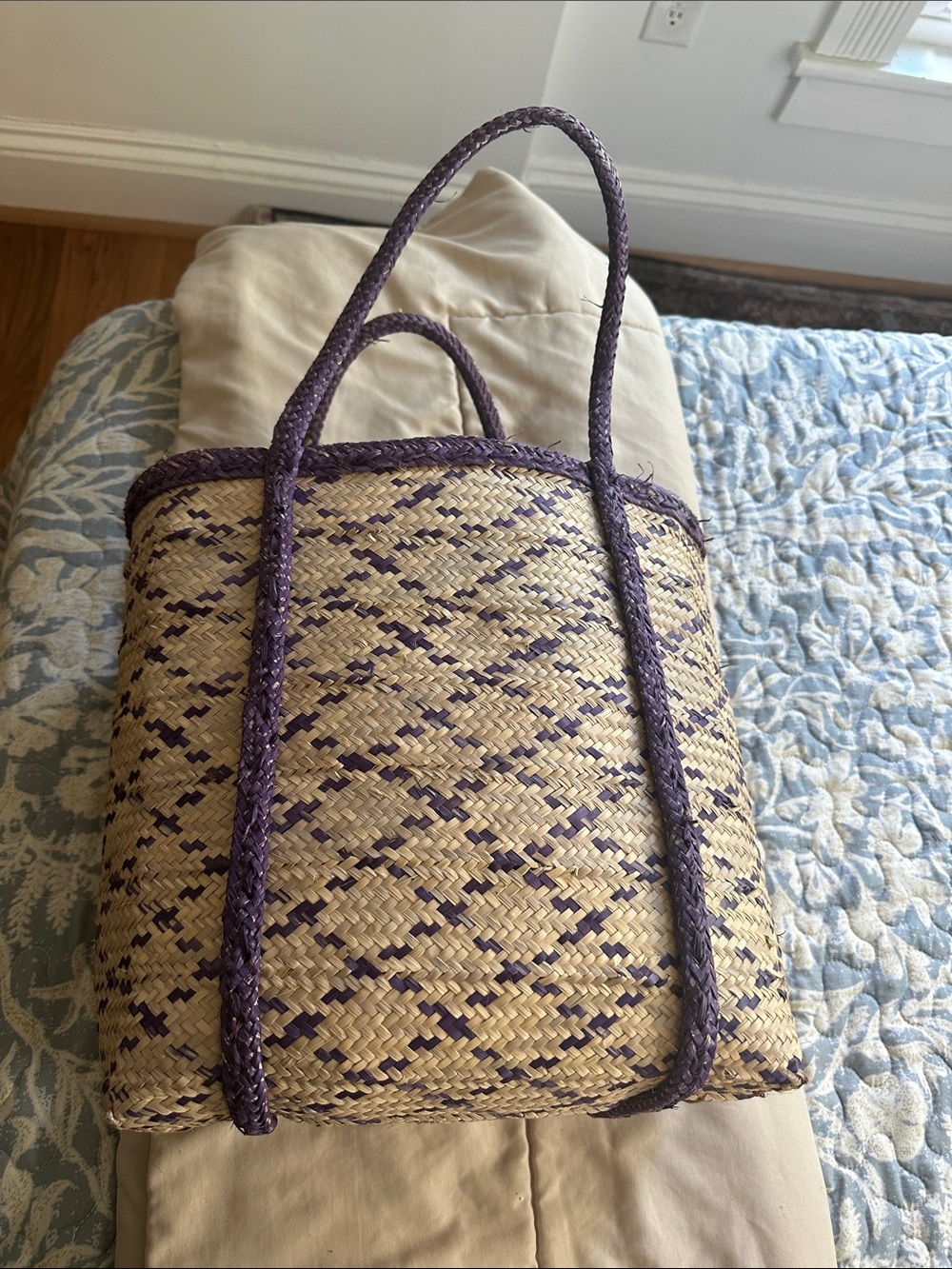 Handwoven Straw Tote with Purple Trim